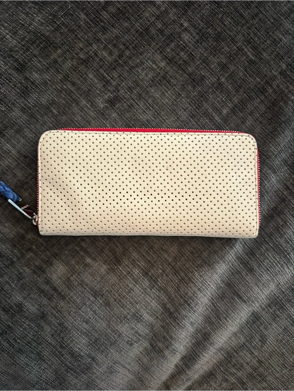 MZ Wallace White Perforated Zip Wallet with Blue and Red Accents. Rare